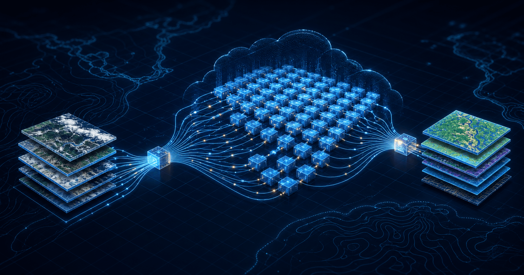 Geospatial imagery tiles branching into thousands of parallel cloud processing nodes before becoming processed map layers
